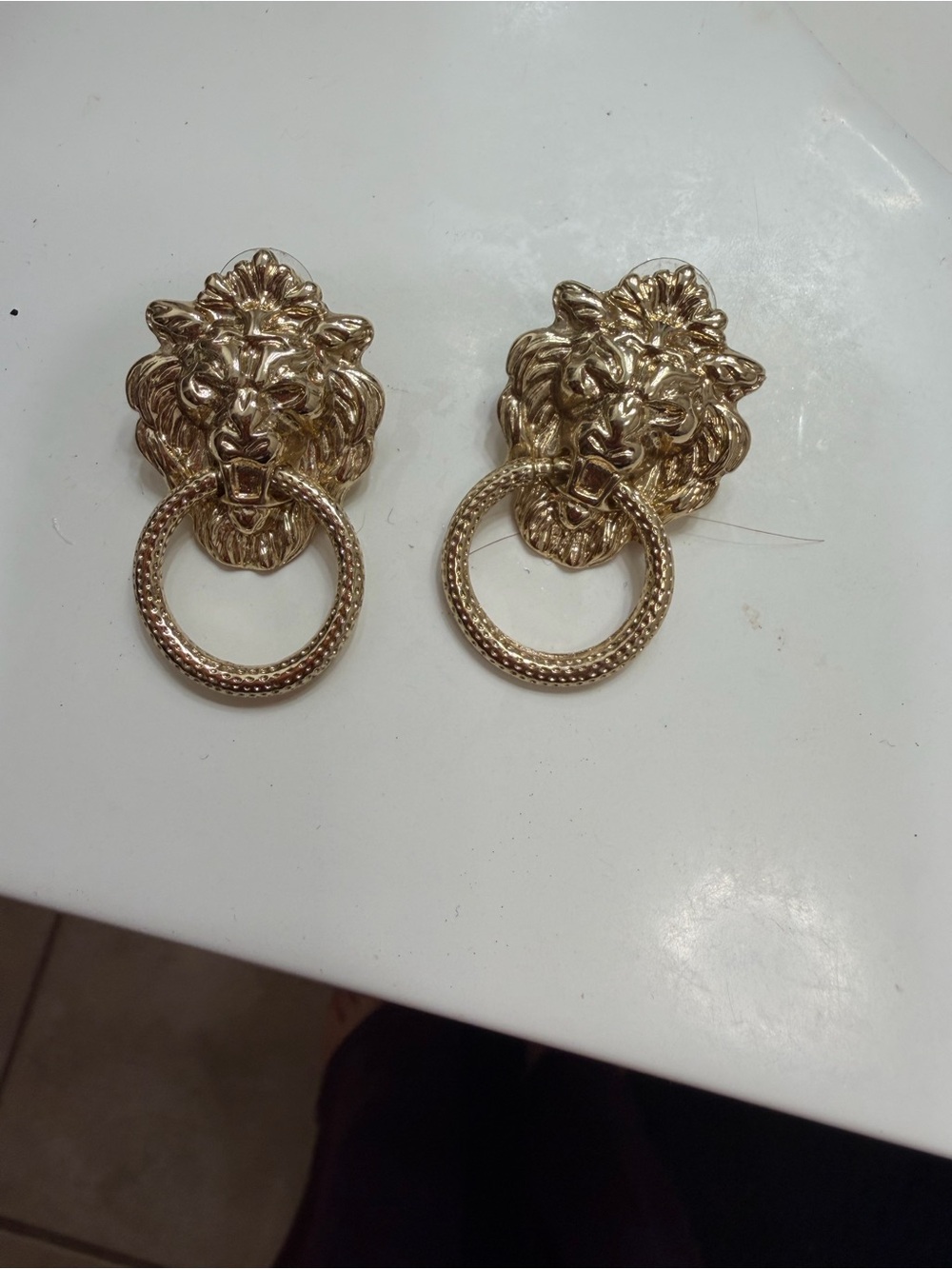 Gold Lion Head Drop Hoop Earrings for Women